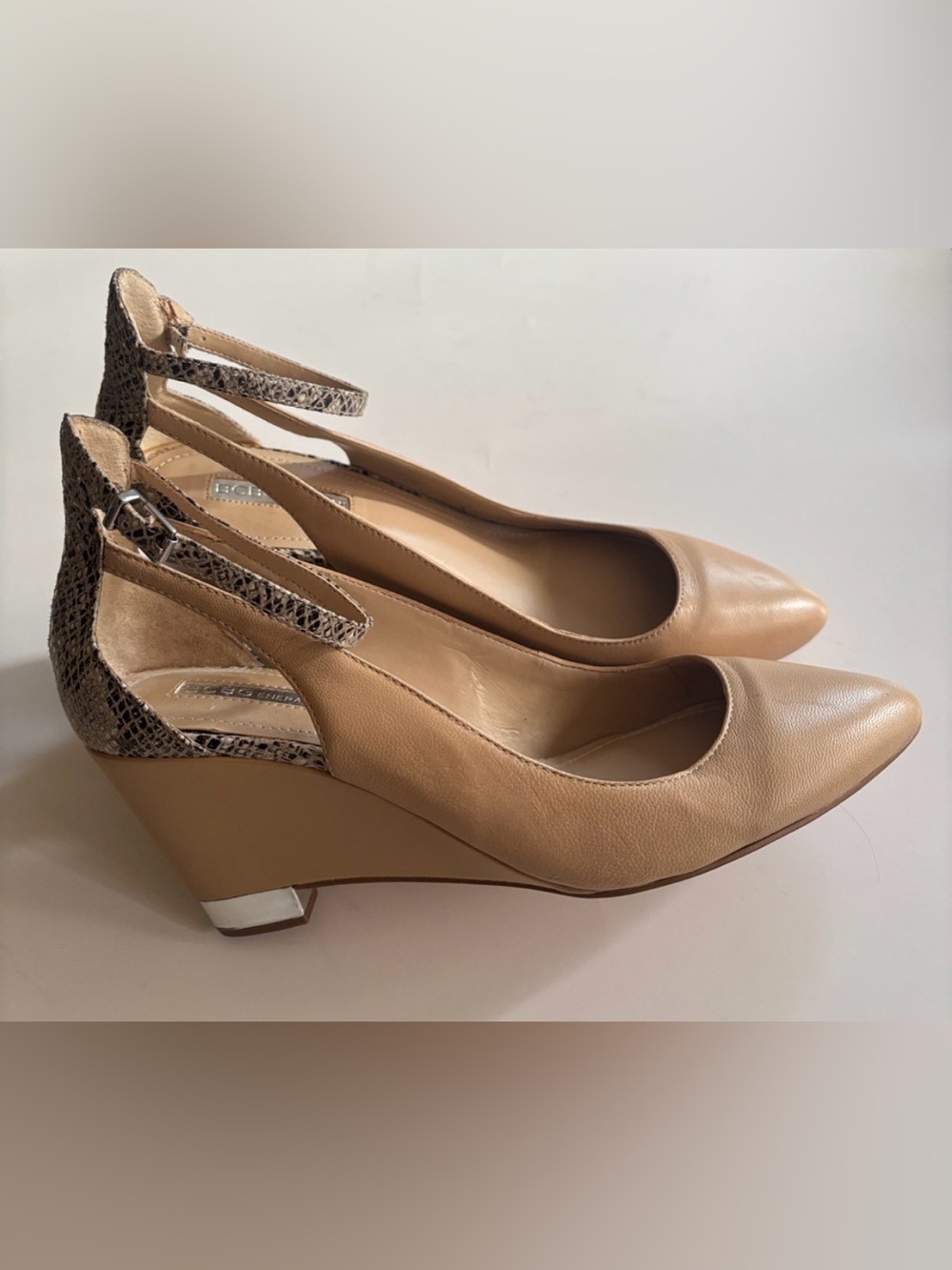 BCBG Tan Pointed-Toe Wedge Pumps with Snake-Print Ankle Strap